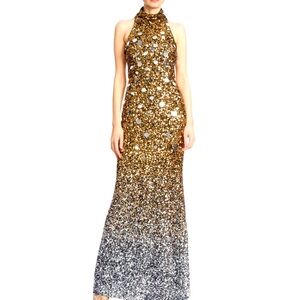NWT Badly Mischka Ombre Gold, Black, & Silver Sequined Gown w/ Paillettes Size 0
